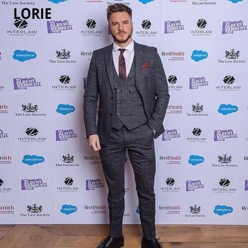 LORIE Handsome 3 Piece Mens Suit Damier Check Fashion Groom Suit for Wedding Best Men Slim Fit Groom Tuxedos Formal Party Suits