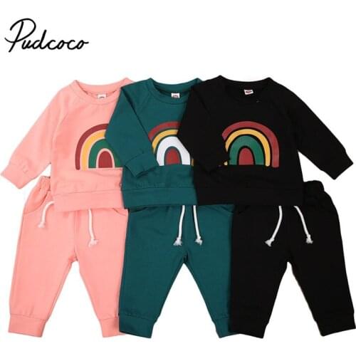 Fashionable Kid Baby Girls Boys Rainbow 2Pcs Outfit Set Long Sleeve Round Neck Lace Up Elastic Head Long Pants Spring Autumn