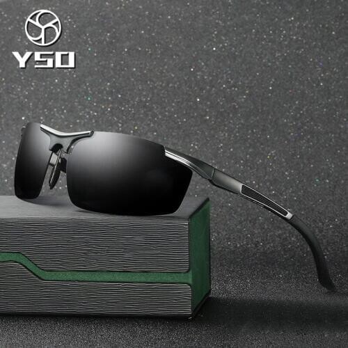 YSO Sunglasses Men Polarized UV400 Aluminium Magnesium Frame Sun Glasses Driving Glasses Semi Rimless Accessories For Men 8530