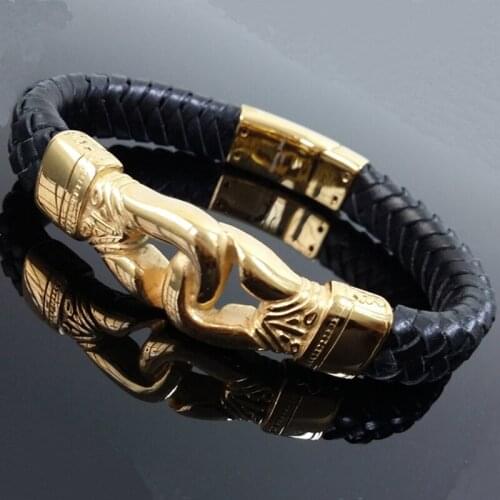 12mm Wide Stainless Steel Gold Biker Jewelry With Black Genuine Leather Wristband Mens Bracelet Bangle 8.86inch