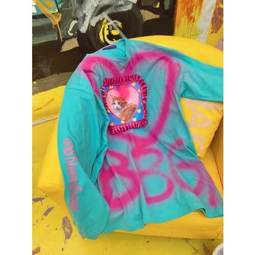 Japanese Harajuku Heart Letters Cat Print Long Sleeve Tshirt Graffiti Sweet Oversize Girls T-shirt Women Tee Top Large Size