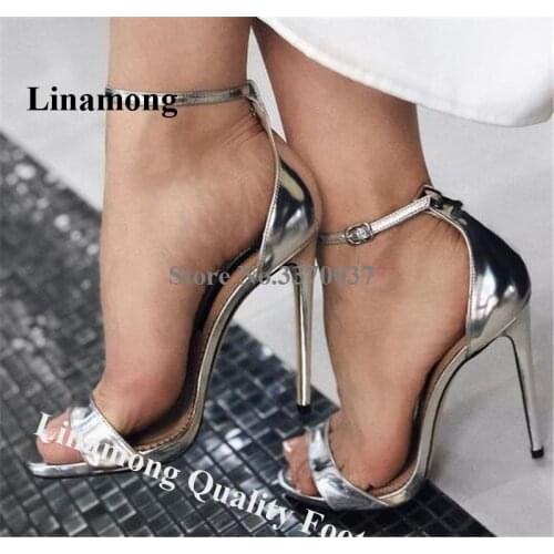 Charming Women Patent Leather Silver One Strap Stiletto Heel Sandals Ankle Strap Buckle High Heel Sandals Wedding Dress Shoes