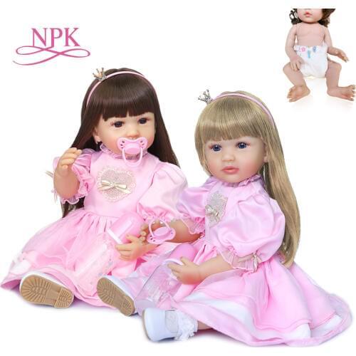 NPK 55CM original full body silicone bebe doll reborn toddler girl princess doll in pink dress two hair colors bath toy