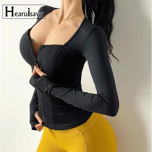 Sexy Women Low-Cut Long Sleeve Zipper Yoga Shirts Removable Chest Pad Sports Clothes Gym Quick-Drying Running Fitness Tops