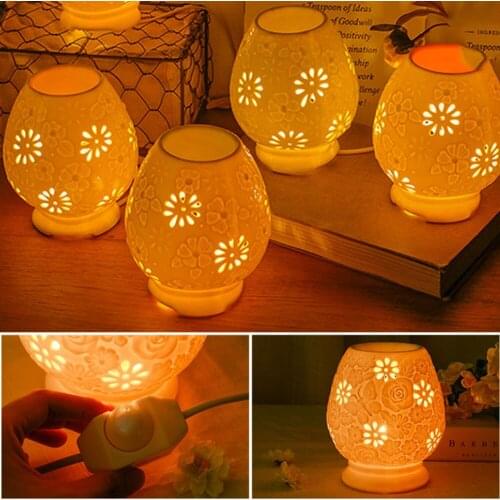 Bedside Table Lamps Bedroom Desk Night Lights Aroma Essential Oil Diffuser Ceramic Hollow Carved Hotel Aromatherapy LED Lighting