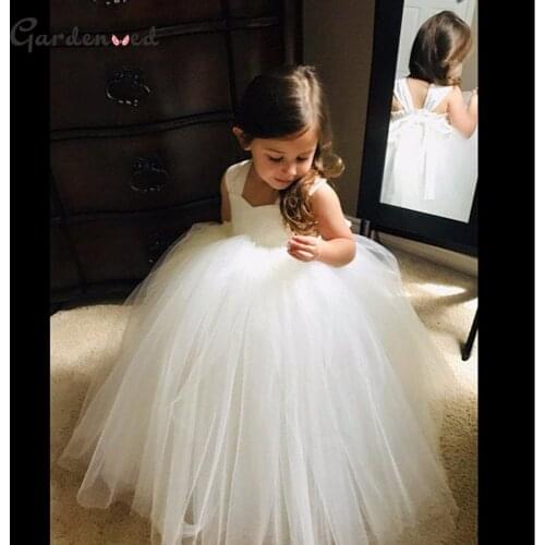 Puffy Flower Girl Dresses Tulle Princess Dress Spaghetti Strap Kids First Communion Dress Bow Net Girl Birthday Party Dress