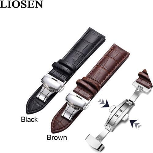 LIOSEN 18-24mm Watch Strap Double Button Fold Butterfly Clasp Genuine Leather Watchband Black Brown Watchbands