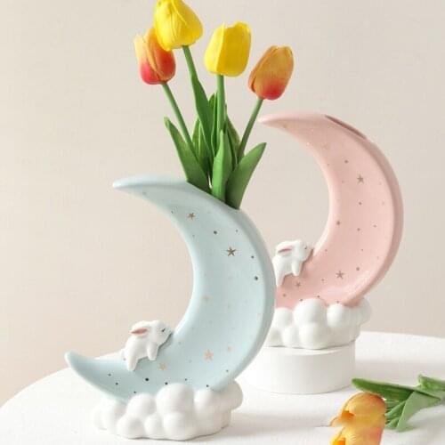 Nordic Morandi Ceramic Rabbit Vase INS Moon Clouds Vase Animal Crafts Home Living Room Decor Flower Hydroponic Container Jewelry