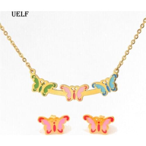 UELF 2019 New Jewelry Fashion Wings Butterfly Stainless Steel Pendant Necklace Earrings for Women Indian Jewelry Sets