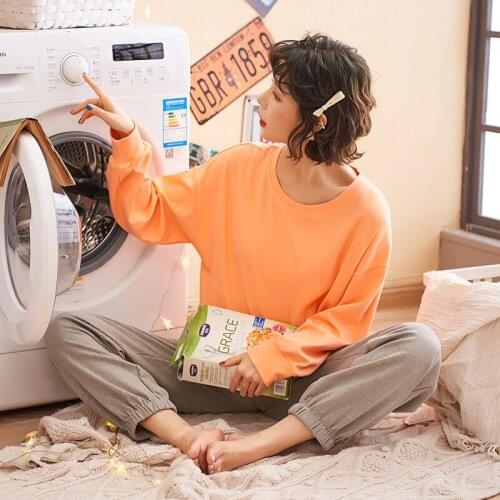 KISBINI 2020 New XXL Home Suit For Women Loose Cotton Comfortable Long Sleeve Female Homewear Blue O-Neck Lady Pajamas Set