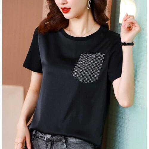 Lady 2021 Summer Cotton T-shirt Tee Shirt Tops Printed Rhinestone Women Short Sleeve Hot Drill Casual O Neck