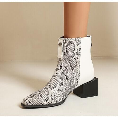 YQBTDL New Arrival 2020 Square Heels Winter Shoes Women Embossed Artificial Leather Snake Print Womens Ankle Boots White Black