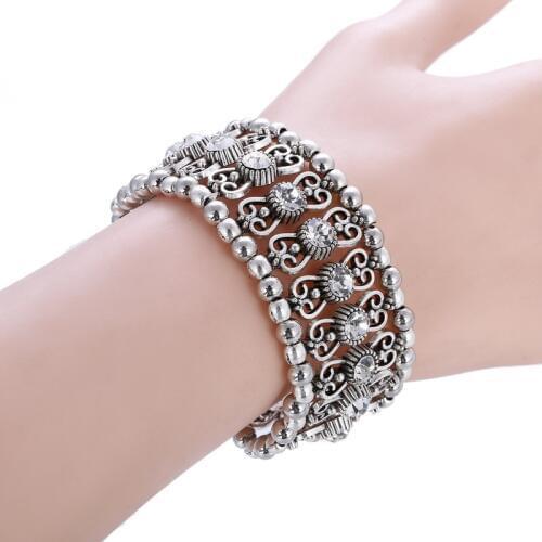 LOVBEAFAS Vintage Boho Adjustable Bracelets Bangles For Women Fashion Carving Multi Layer Crystal Rhinestone Charm Bracelet