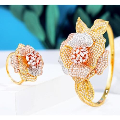 GODKI Luxury 3 Tone Begonia Flowers Bracelet Bangle Ring Set for Women Wedding Party Full AAA Cubic Zirconia Dress Jewelry Sets