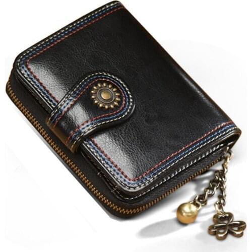 Genuine Leather Womens Wallet Designer Purse Women Black Zipper Coin Purses Vintage Female Card Holder Small Short Wallets