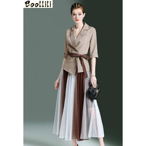 Boollili 2020 Womens Suit Two Piece Set Blazer Mesh Pleated Skirt Set Elegant Spring Matching Sets Women Fasion Ensemble Femme
