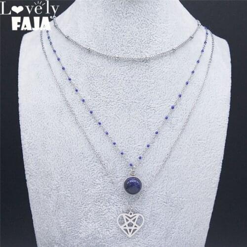 2021 Stainless Steel Blue Natural Stone Heart Satan Pentagram Layered Chain Necklace Women Silver Color Jewelry collier N3513S02