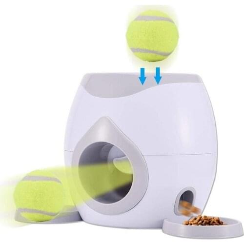 Automatic Pet Feeder Interactive Fetch Tennis Ball Launcher Dog Training Toys Throwing Ball Machine Pet Food Emission Device