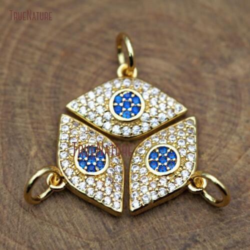 White Zircon Turquoises Blue Beads Micro Pave Pendant Pure Gold Color Tribal Evil Eye Charm Copper Jewelry 9*14 mm PM8295
