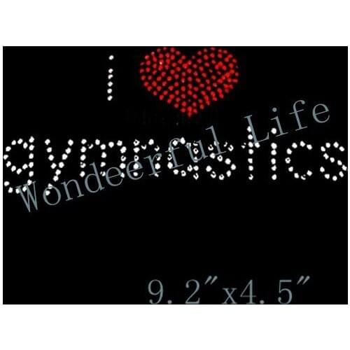 Free shipping hotfix rhinestones motif heat transfer iron on transfers L ove gymnastics red with white