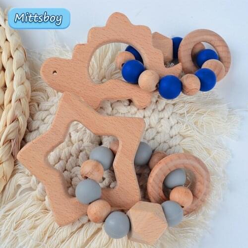 Hot Sale Beech Bracelet Teething Wood Ring Baby Rattle Toys Food Grade Silicone Teether Beads Nursing Bracelet Baby Teether Gift