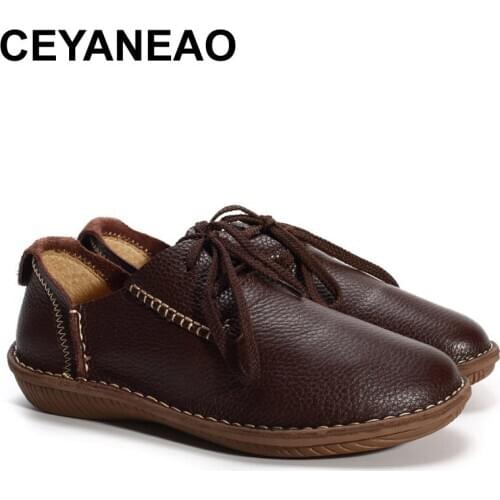 CEYANEAO Women Genuine Leather Flat Shoes Handmade Ladies Flat Shoes Casual Coffee Lace Up Flat Shoes Woman Loafers