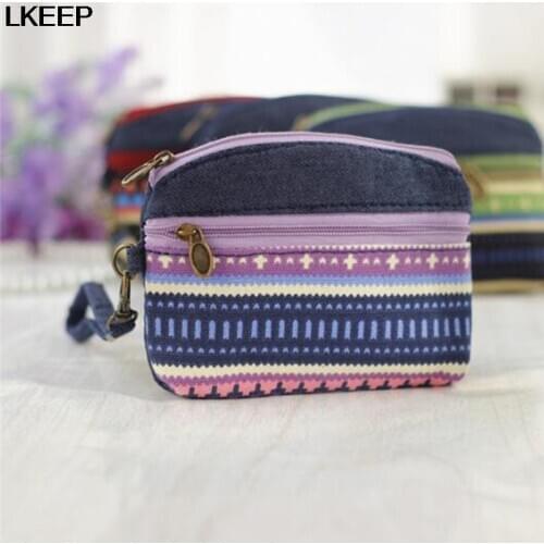 Ethnic Canvas Mini Wallet Women Double Zipper Coin Purses Children Coin Wallet For Girls Key Wallets