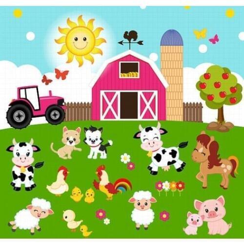 Farm Barn Sun Apple Tree Pig Cow Sheep Fence Butterfly Sun background Computer print children kids backdrops