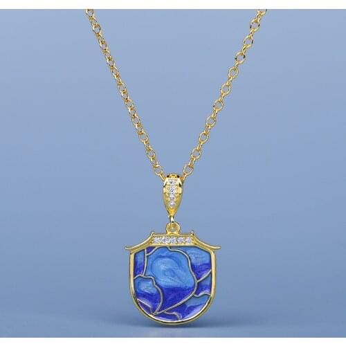 Exquisite Womens Jewelry Blue Epoxy Pendant Necklace 18k Gold Womens Clavicle Chain Handmade Enamel Jewelry Sweater Chain