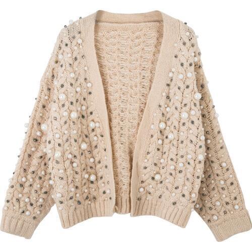 Knitted new women wild cardigan spring autumn fashion heavy pearl beaded thick warm knit cardigan coat women loose knit sweater