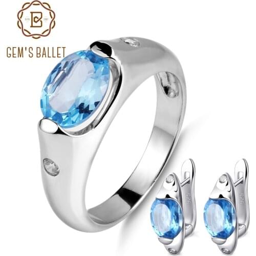 GEMS BALLET 5.52ct Oval Natural Blue Topaz Gemstone Jewelry Set 925 Sterling Silver Earrings Ring Set Fine For Women Wedding