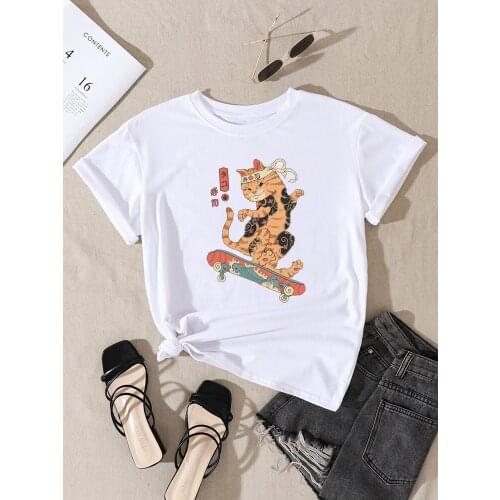 Cool Catana Play skateboard Ukiyoe Print Female T Shirt Summer big Size Tshirt Street Fit Tops Cartoon Oversize Womens T-Shirts