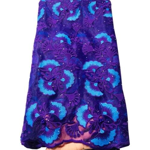 2021 High Quality French Nigerian Stones Net Lace,African Tulle Mesh Lace Fabric Beads For Party Dress 5yards/Lot ELL5105 Purple