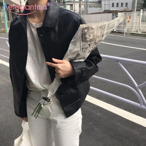Aelegantmis Spring Cropped Faux Leather Jacket Women Fashion Casual PU Leather Jacket Female Basic Short Coat Single Breasted