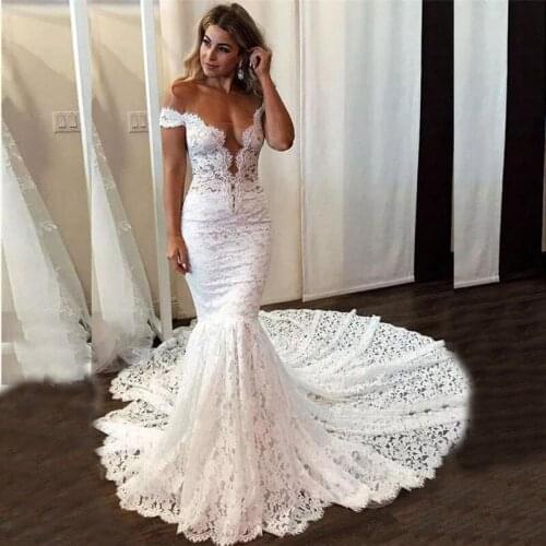 New Elegant White Lace Mermaid Bridal Wedding Gowns Off Shoulder Short Sleeve Illusion Back Wedding Dresses for Bride Affordable