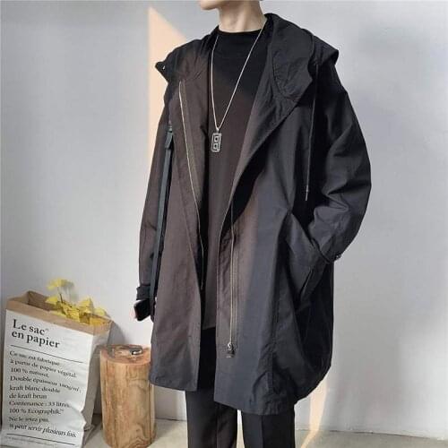 Spring and Autumn Hooded Parka Mid-Length Trench Coat Mens Trendy Loose All-Matching Work Clothes Overcoat Coat jacket