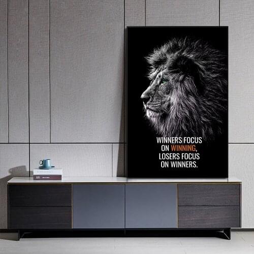 Modern Abstract Black White Lion Canvas Painting Inspirational Winner Focus Posters and Print Art Picture on the Wall Home Decor