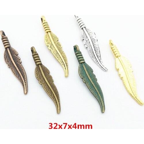 200pcs 32X7MM Silver Color Antique Gold Feather Charms Vintage Bronze Pendants for Bracelet Necklace Earring DIY Jewelry Making
