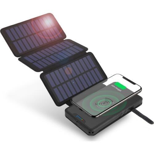20000mAh Solar Panel Power Bank Qi Wireless Charger Powerbank For iPhone 11 pro X Xs 8 Samsung Xiaomi Poverbank with Flashlight