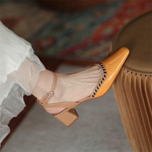 PXELENA Fashion Lady Shoes 2021 Summer Genuine Leather Ankle Strap Sandals Women Med Heels Square Toe Party Dress Office Work 40