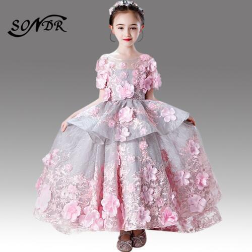 Pink Flower Girl Dresses HT091 Appliques Short Sleeve Kid Wedding Party Dress Ruffles Floor-Length Vestido Primera Comunion 2020