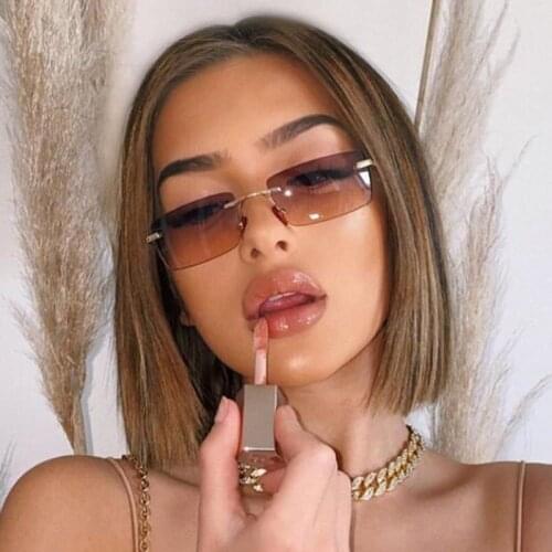 Luxury Brand Small Rectangle Sunglasses Women 2021 Grey Pink Shades For Women 90s Vintage Rimless Square Sunglasses Unisex UV400