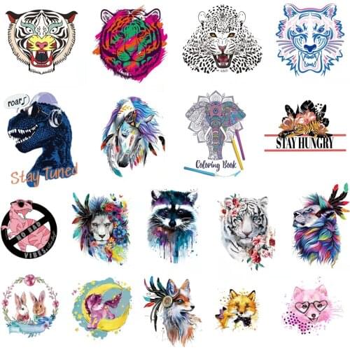 Iron on Transfer Patches for Clothes Cartoon Animals Tiger Lion Heat Thermo Stickers FLowers Badges Washable DIY T-shirt Bags