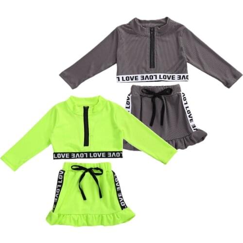 2021 New Spring 6M-5Y Kid Baby Girl 2Pcs Set Zipper Long Sleeve Love Letter Print Top+Ruffled Bow Skirt Gray/Green Clothes