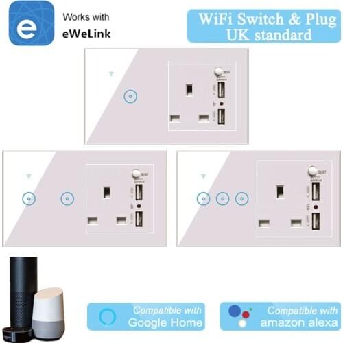 UK WiFi Switch Socket Smart Wall Light Switch Outlet 1 2 3 Gang eWeLInk APP Control Compatible with Alexa Google Home IFTTT