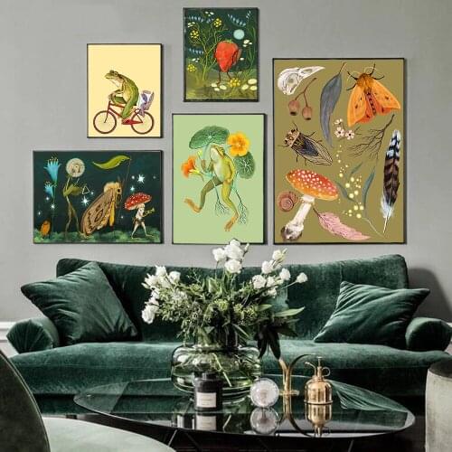 Vintage Poster Frog Ride Bicycle Art Print Mushroom Strawberry Flower Nature Bathroom Wall Art Canvas Painting Home Decor