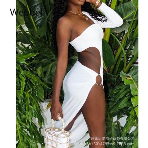 Wepbel Side Split Dresses Hollow Out High Waist White Women Dress Summer One-Shoulder Sexy Clubwear White Irregular Hem Dress