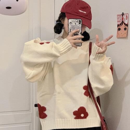 Harajuku Flowers O Neck Loose Sweater For Women Spring Autumn Winter Casual Streetwear Pullover Jumpers Ladies Knitted Sweater