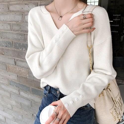 Elegant Office Lady Solid V-neck Women Sweaters Knitted Thin Pullover 2021 Spring Autumn Loose Casual Female Tops