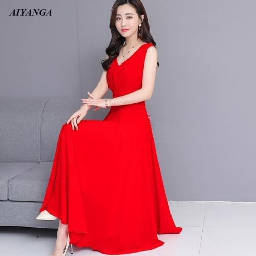 Beach Chiffon Maxi dress Women 2019 Spring Summer Sleeveless Dresses Female Bohemian Style V Neck Solid Color Lady Long Dress